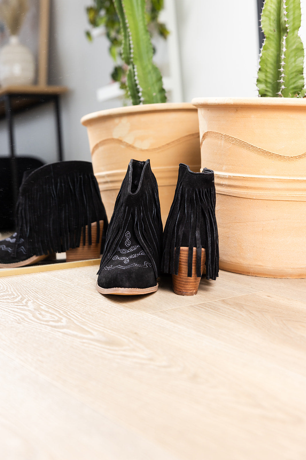 Amos Fringe Ankle Bootie Black Suede Western Stitch Naughty Monkey